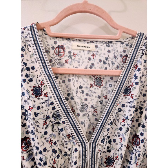 MAXSTUDIO Floral Blouse Tie Waist‎ Balloon Sleeve V Neck Boho Rayon Top - Picture 4 of 10